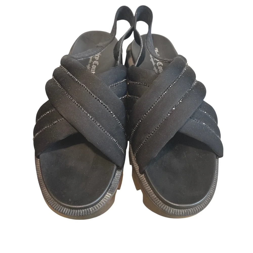 Juicy Couture Black Platform Slingback Sandals Rhinestone Strappy Size 7.5